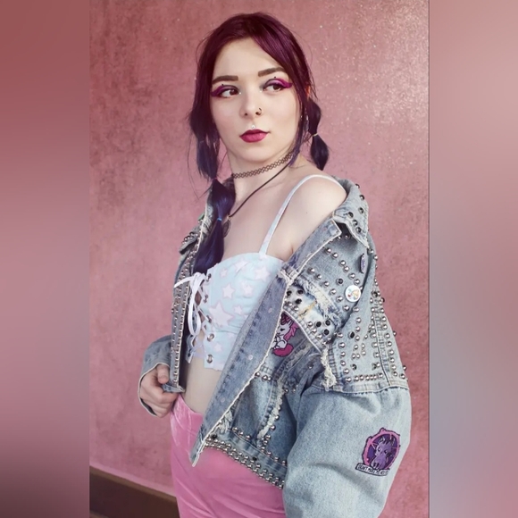 SOLD💝Kawaii pastel goth cropped lt wash ooak jacket! Lots of metal! Sugar Killz - Picture 13 of 14